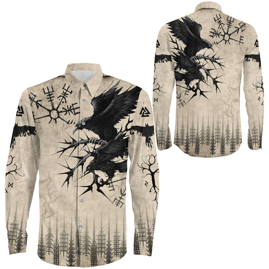Raven and Vegvisir Vintage Style Long Sleeve Button Shirt