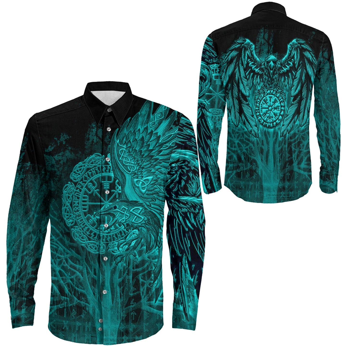 Vegvisir Raven Turquoise Viking Long Sleeve Button Shirt