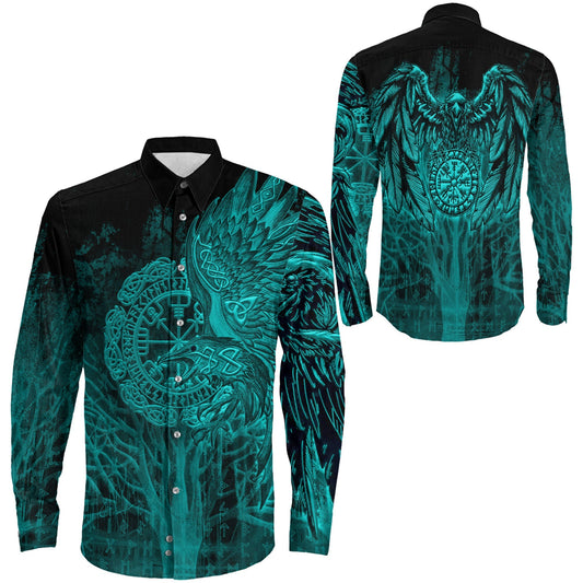 Vegvisir Raven Turquoise Viking Long Sleeve Button Shirt