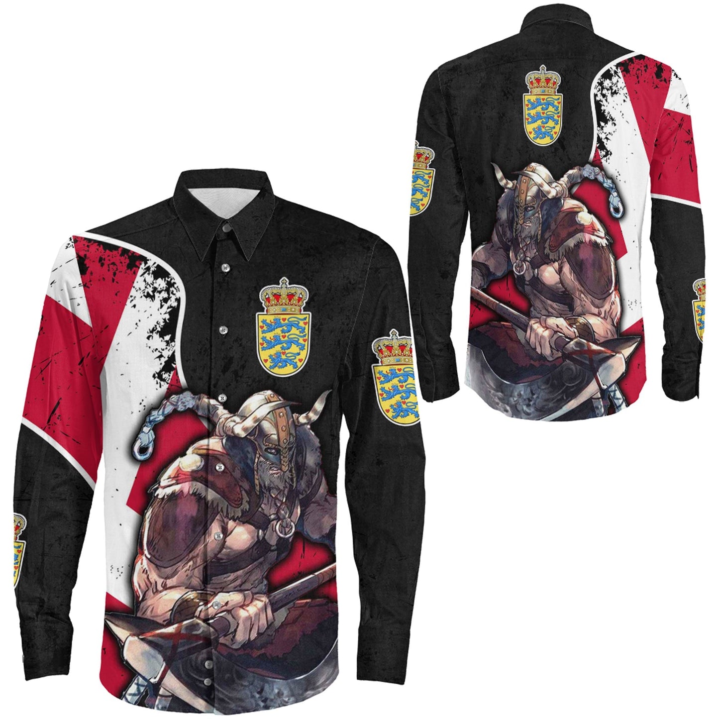 VikingStyle Clothing -Denmark Warriors Brush Style Long Sleeve Button Shirt
