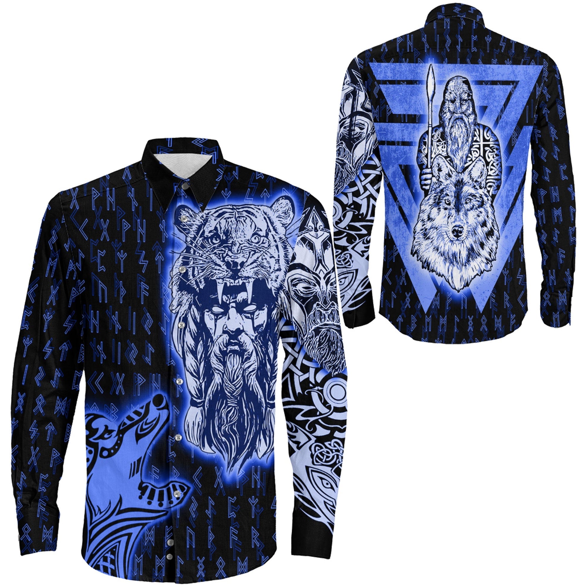 VikingStyle Clothing -Odin and Wolf Viking Blue Long Sleeve Button Shirt