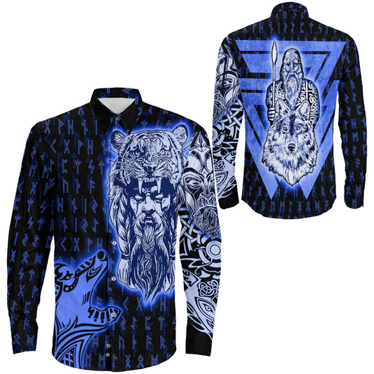 VikingStyle Clothing -Odin and Wolf Viking Blue Long Sleeve Button Shirt