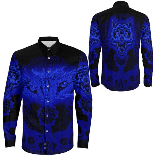 Wolf And Tree Blue viking Long Sleeve Button Shirt