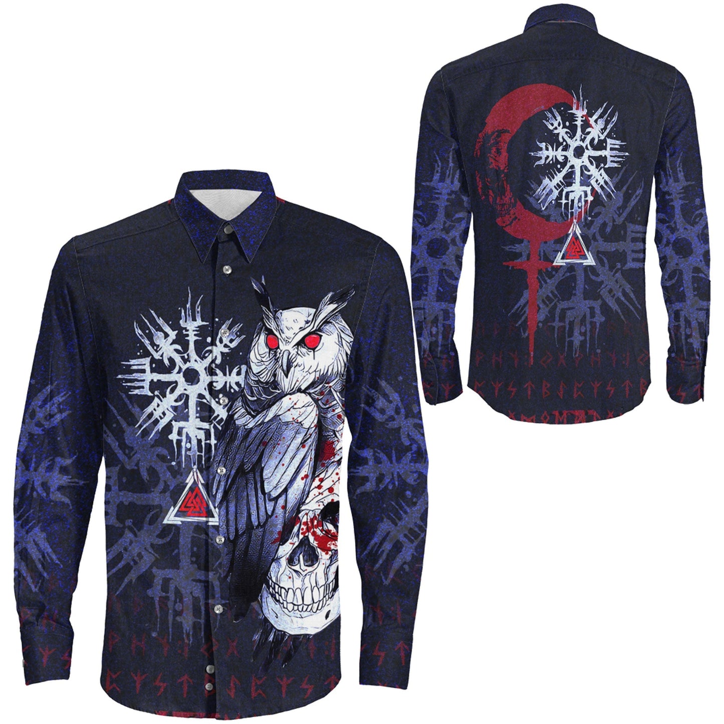 Viking Owl Skull Blood Blue Style Long Sleeve Button Shirt