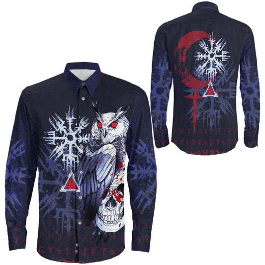 Viking Owl Skull Blood Blue Style Long Sleeve Button Shirt