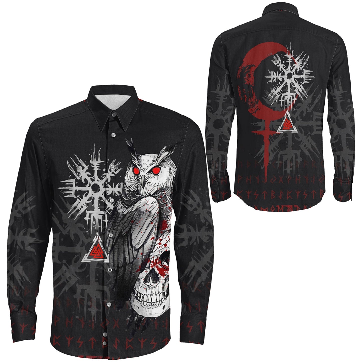 Viking Owl Skull Blood Style Long Sleeve Button Shirt