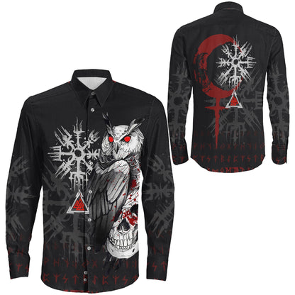 Viking Owl Skull Blood Style Long Sleeve Button Shirt