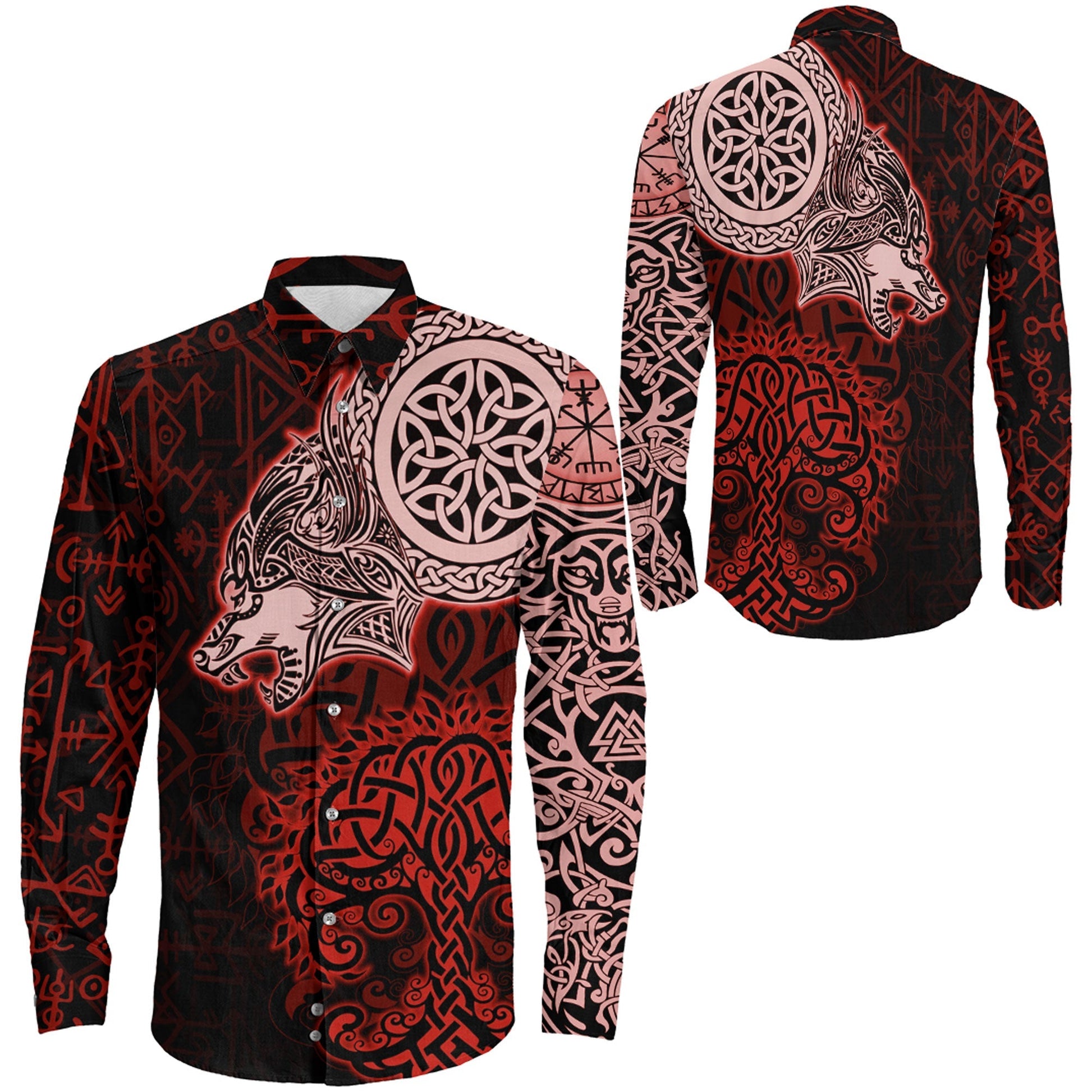 VikingStyle Clothing -Viking Wolf Red Long Sleeve Button Shirt