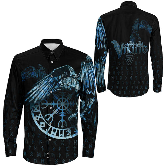 VikingStyle Clothing -Raven Helm of Awe Dark Blue Long Sleeve Button Shirt