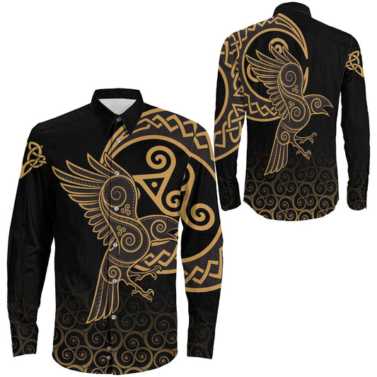 Raven Celtic Triskele Style Long Sleeve Button Shirt