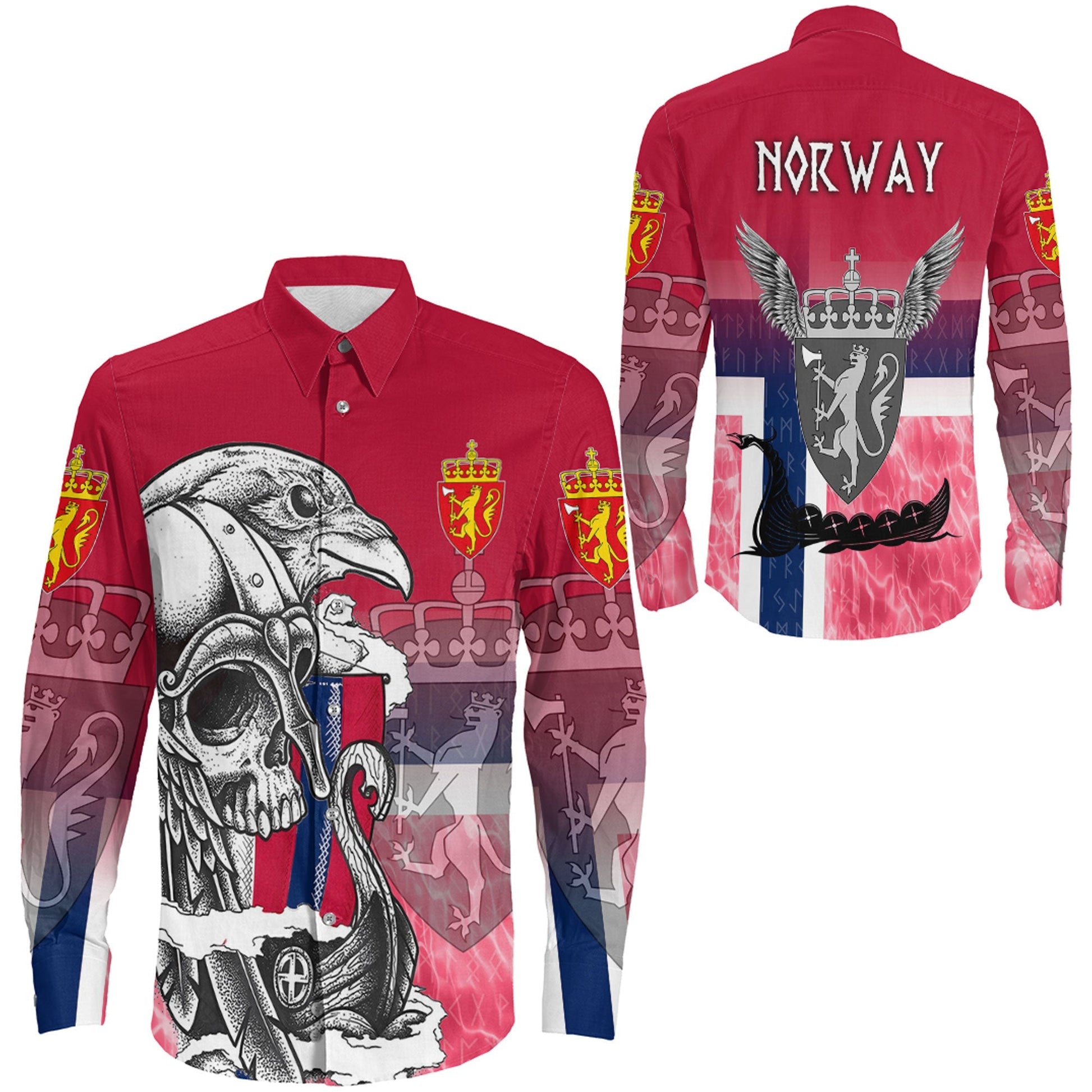 Norway Raven Drakkar and Skull Long Sleeve Button Shirt