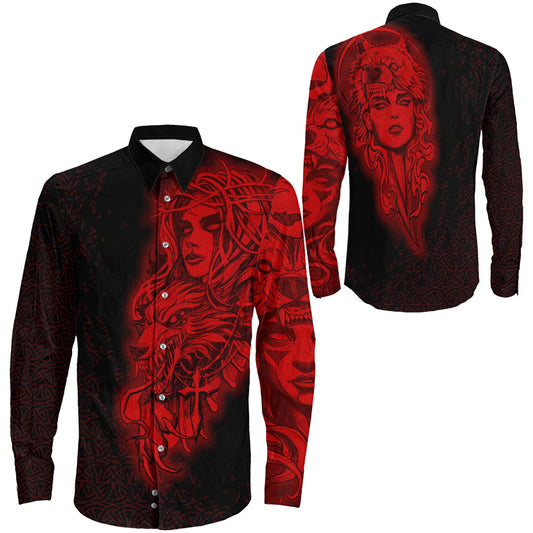 Valkyries And Wolf Red Long Sleeve Button Shirt