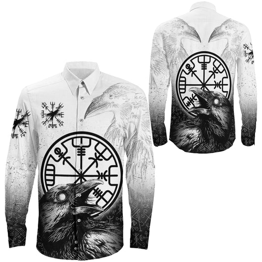 Viking Raven Black and White Vegvisir Long Sleeve Button Shirt