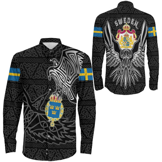 VikingStyle Clothing -Sweden Raven Viking Long Sleeve Button Shirt