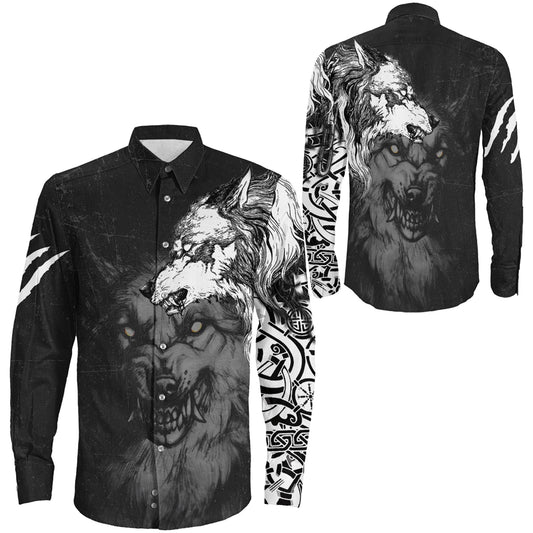 Wolf Fenrir Angry Brush Style Long Sleeve Button Shirt