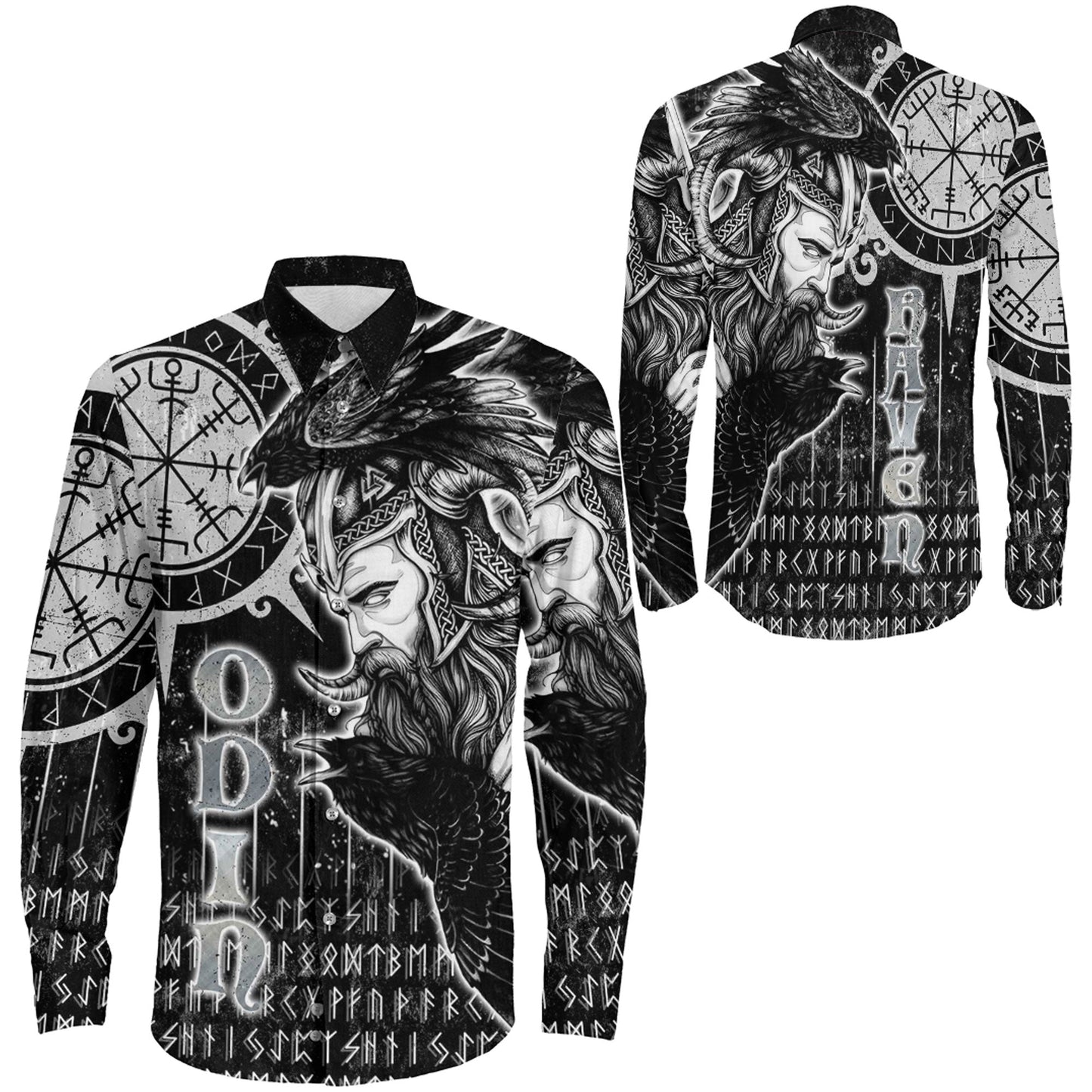 Odin Hugin and Munin Vegvisir Style Long Sleeve Button Shirt