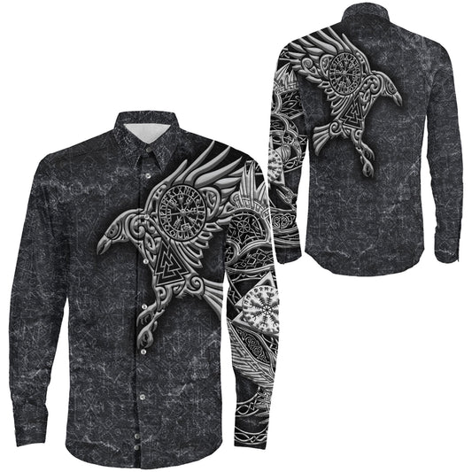 Raven Vegvisir Viking Long Sleeve Button Shirt