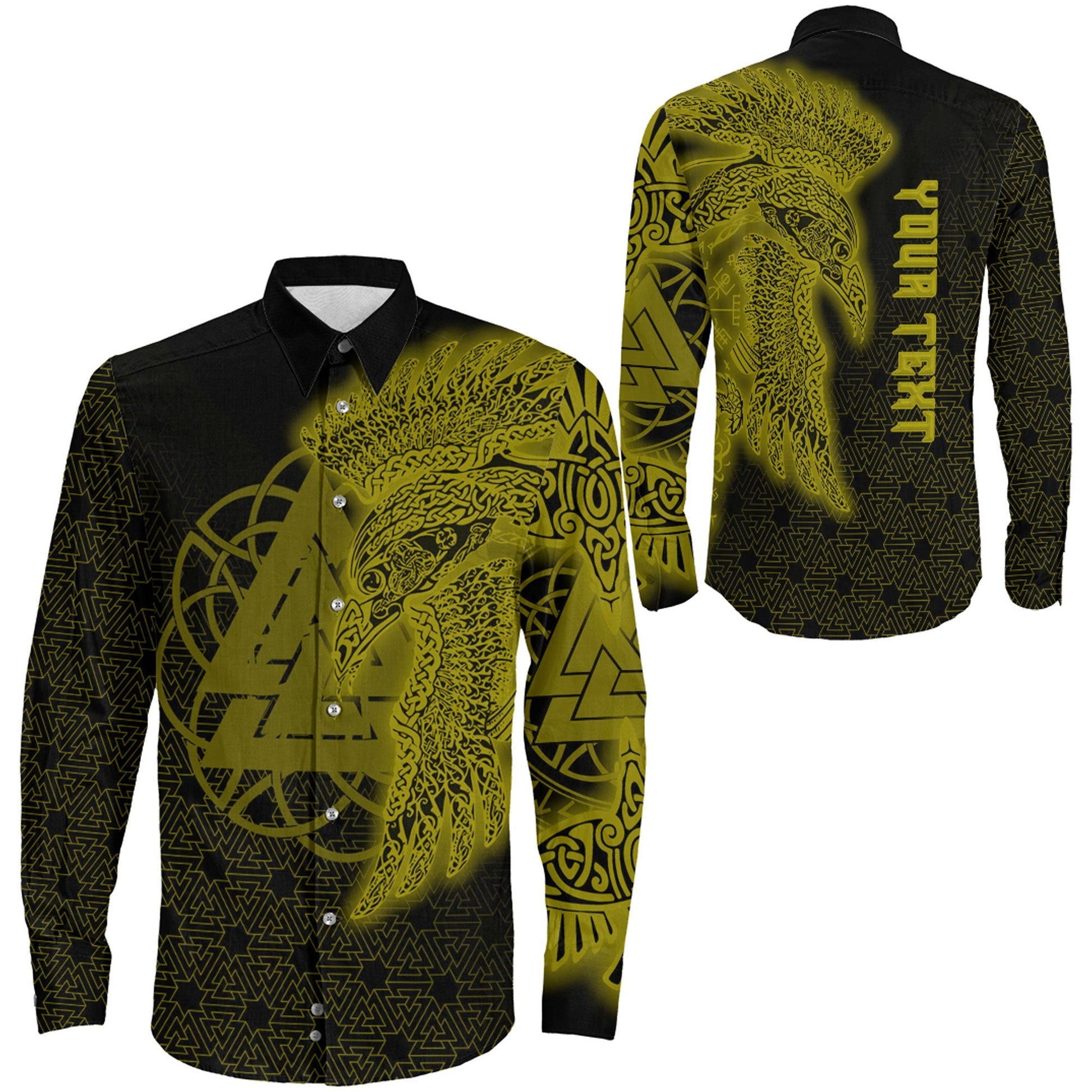 Raven Valknut Gold Viking Long Sleeve Button Shirt