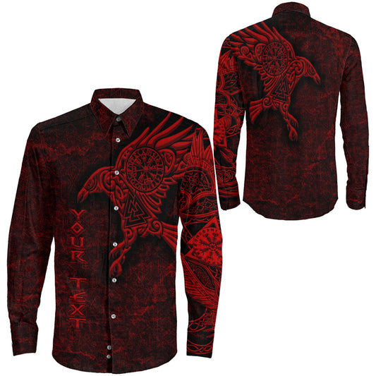 Raven Vegvisir Red Custum Viking Long Sleeve Button Shirt