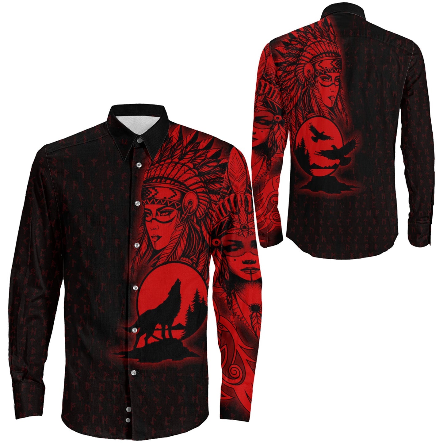 Valkyries Moon Raven Wolf Red Long Sleeve Button Shirt