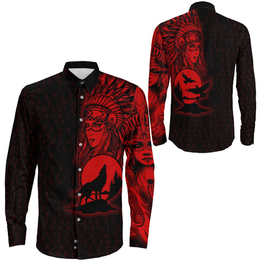 Valkyries Moon Raven Wolf Red Long Sleeve Button Shirt