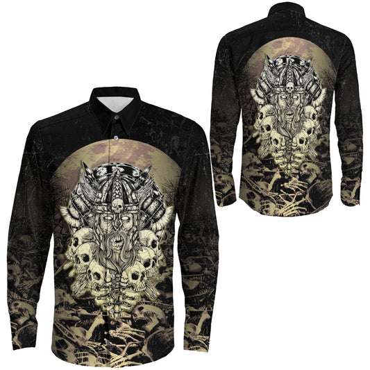 Viking Warrior Old and Skull Long Sleeve Button Shirt
