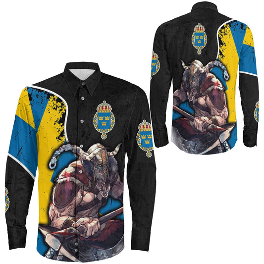 VikingStyle Clothing -Sweden Warriors Brush Style Long Sleeve Button Shirt