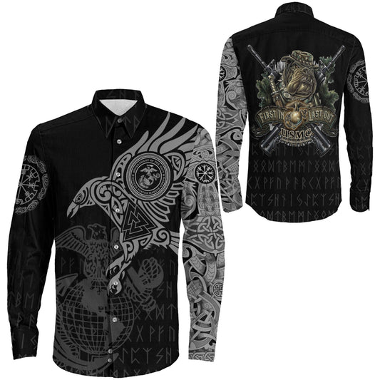 Long Sleeve Button Shirt - The Raven Of Odin Tattoo Army 