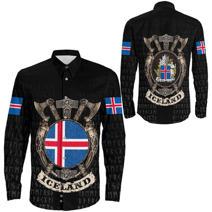 VikingStyle Clothing -Viking Iceland Shield Long Sleeve Button Shirt A31