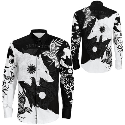 Raven Viking Skoll and Hati Black and White Long Sleeve Button Shirt