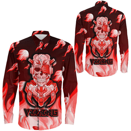 Viking 3D Robo Warrior Red Fire Pattern Long Sleeve Button Shirt