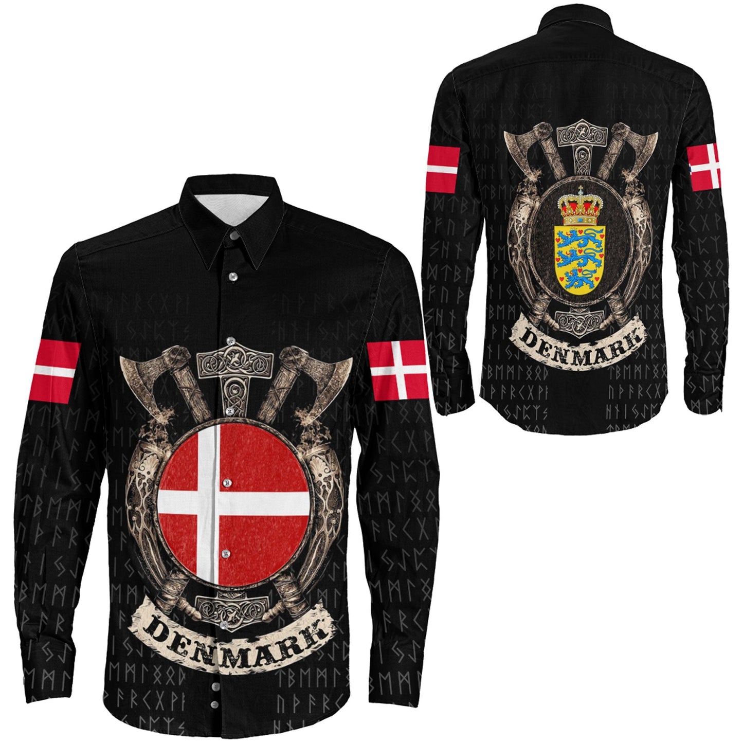 VikingStyle Clothing -Viking Denmark Shield Long Sleeve Button Shirt A31