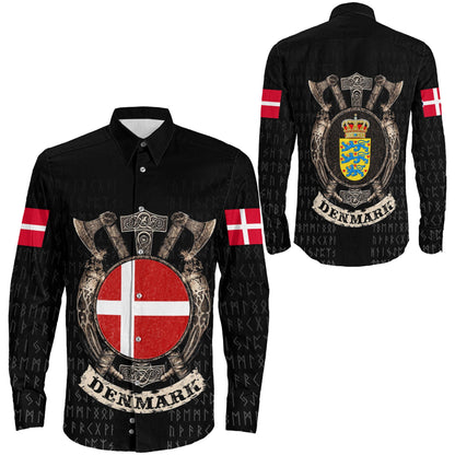 VikingStyle Clothing -Viking Denmark Shield Long Sleeve Button Shirt A31