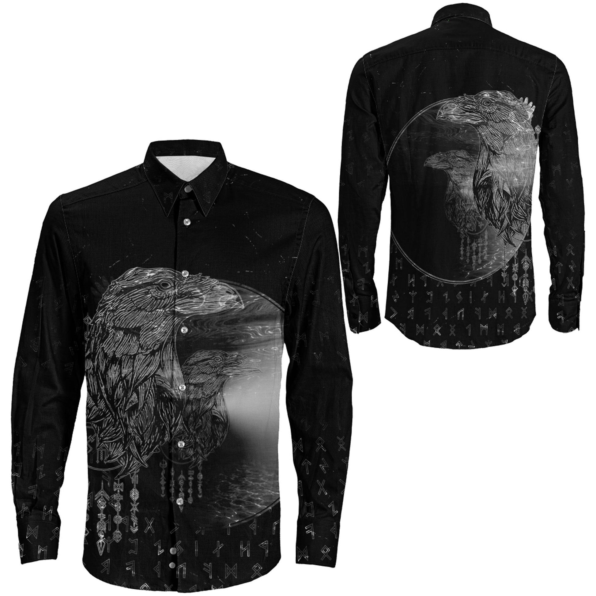 VikingStyle Clothing -Viking Raven Mirrior Long Sleeve Button Shirt