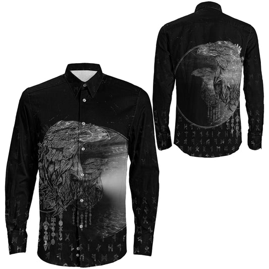 VikingStyle Clothing -Viking Raven Mirrior Long Sleeve Button Shirt
