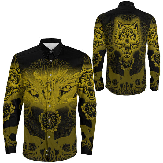 Wolf And Tree Gold viking Long Sleeve Button Shirt