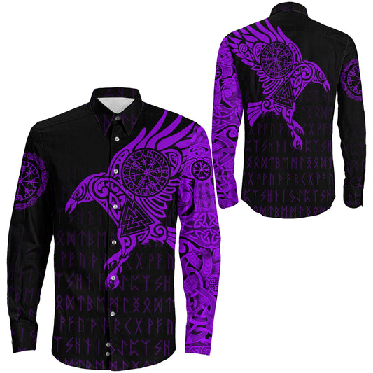 VikingStyle Clothing -Long Sleeve Button Shirt - The Raven Of Odin Tattoo Purple Version 