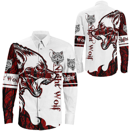 Night Wolf Red Brush Pattern Long Sleeve Button Shirt