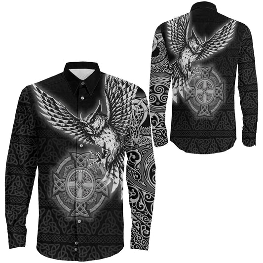 Owl Symbol Silver Viking Long Sleeve Button Shirt