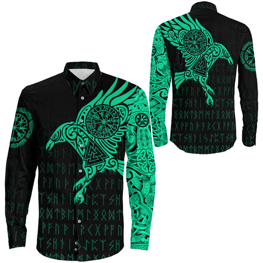VikingStyle Clothing -Long Sleeve Button Shirt - The Raven Of Odin Tattoo Green Cyan Version 