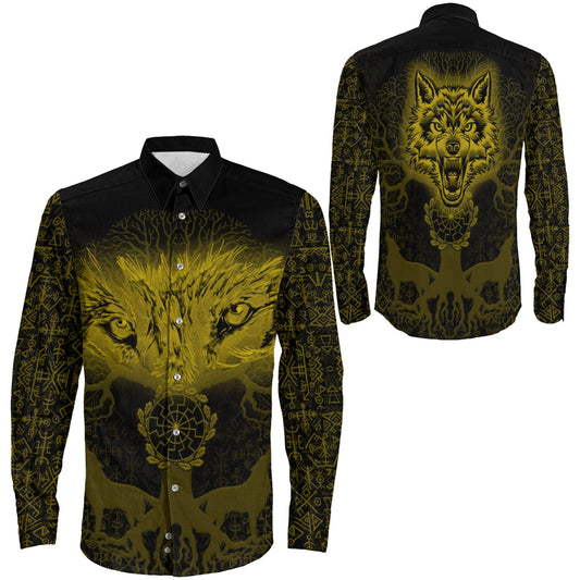 Tree And Wolf Gold viking Long Sleeve Button Shirt