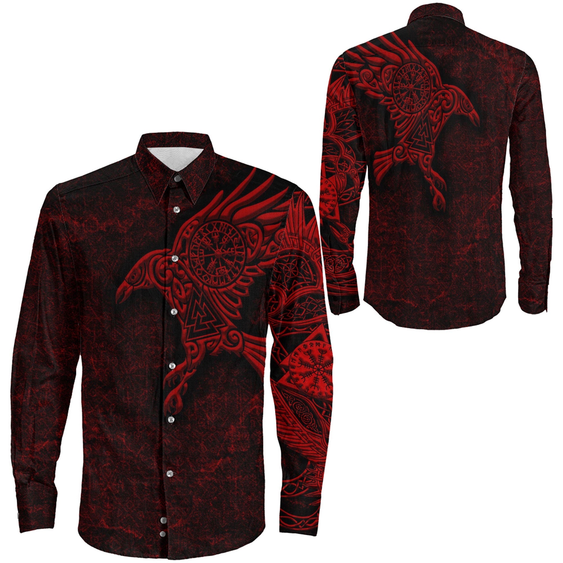 Raven Vegvisir Red Viking Long Sleeve Button Shirt