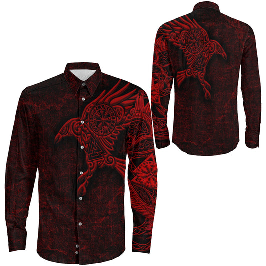 Raven Vegvisir Red Viking Long Sleeve Button Shirt