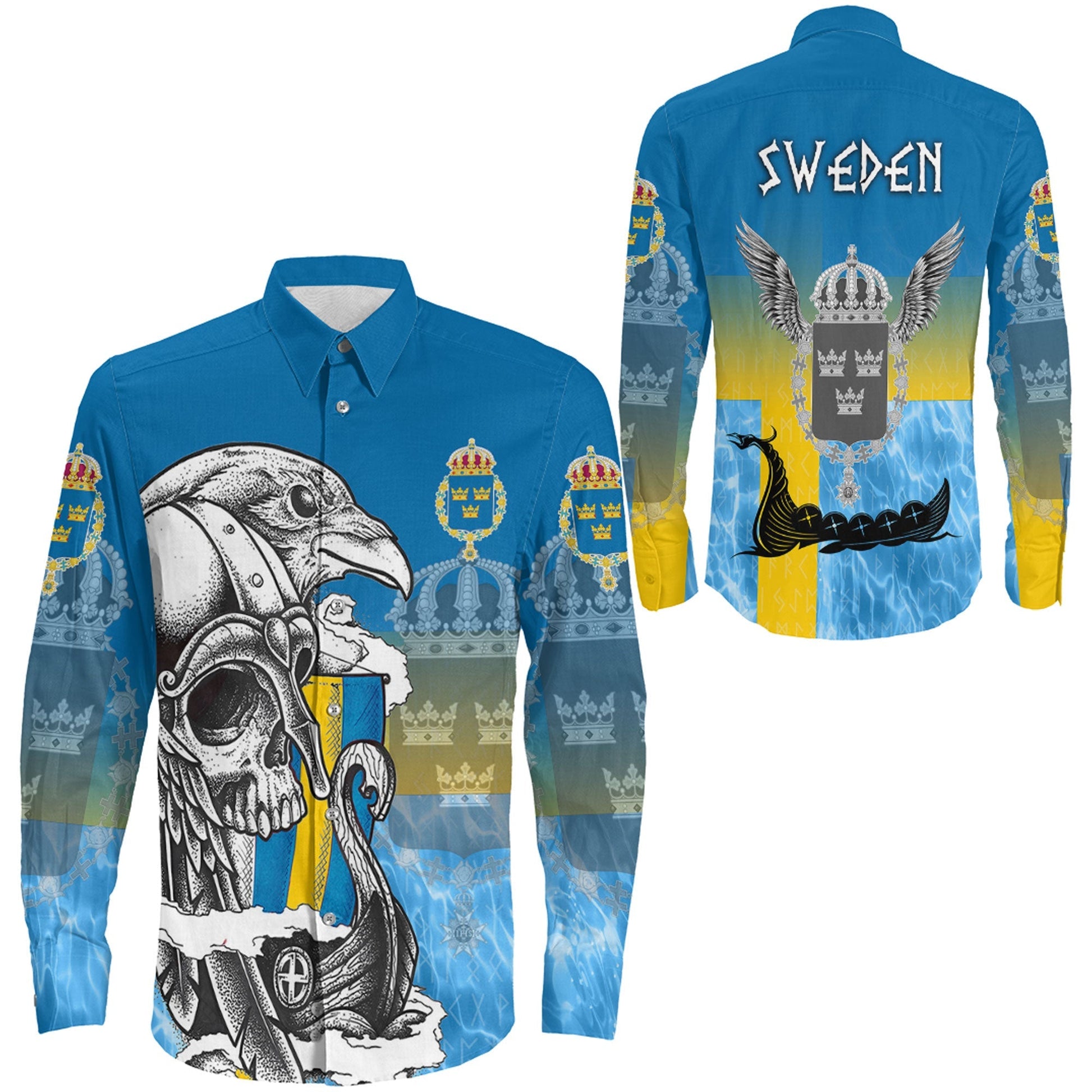 Sweden Raven Drakkar and Skull Long Sleeve Button Shirt