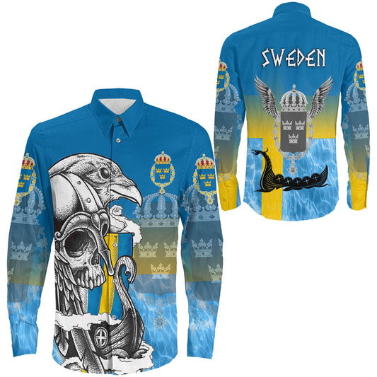 Sweden Raven Drakkar and Skull Long Sleeve Button Shirt