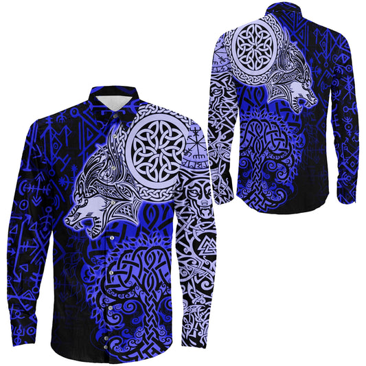 VikingStyle Clothing -Viking Wolf Blue Long Sleeve Button Shirt