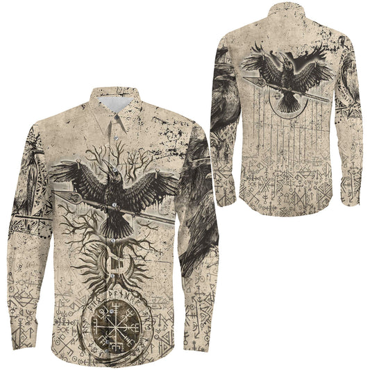 Viking Raven Carry Spear of Odin Vintage Long Sleeve Button Shirt