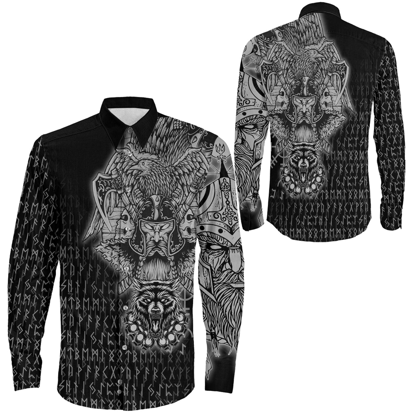 Odin And Raven Wolf Viking Long Sleeve Button Shirt
