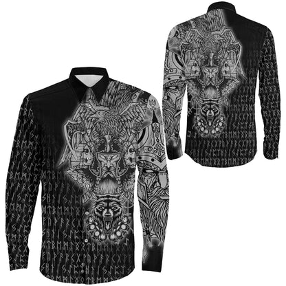 Odin And Raven Wolf Viking Long Sleeve Button Shirt