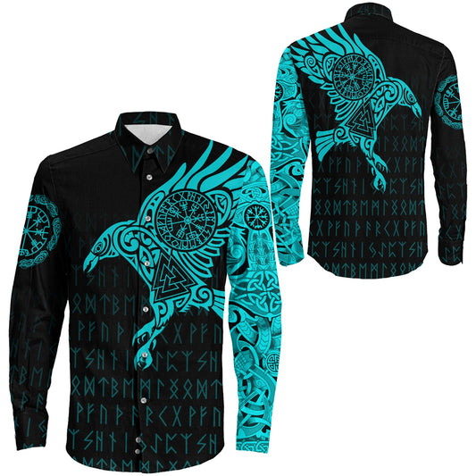 Long Sleeve Button Shirt - The Raven Of Odin Tattoo Cyan Version 